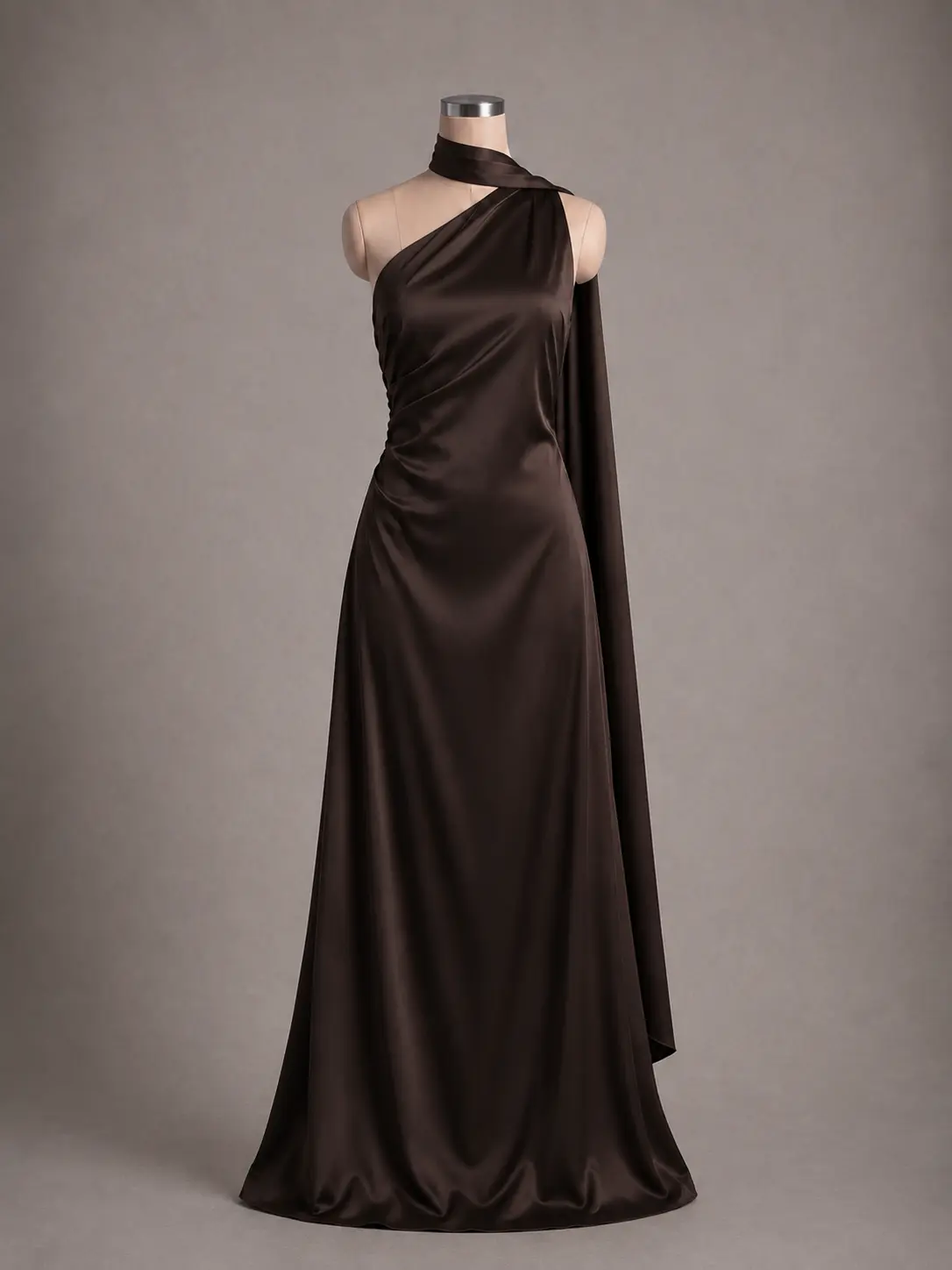 Vestido longo — Marrom Escuro de Um Ombro Só com Costas Nuas — frente