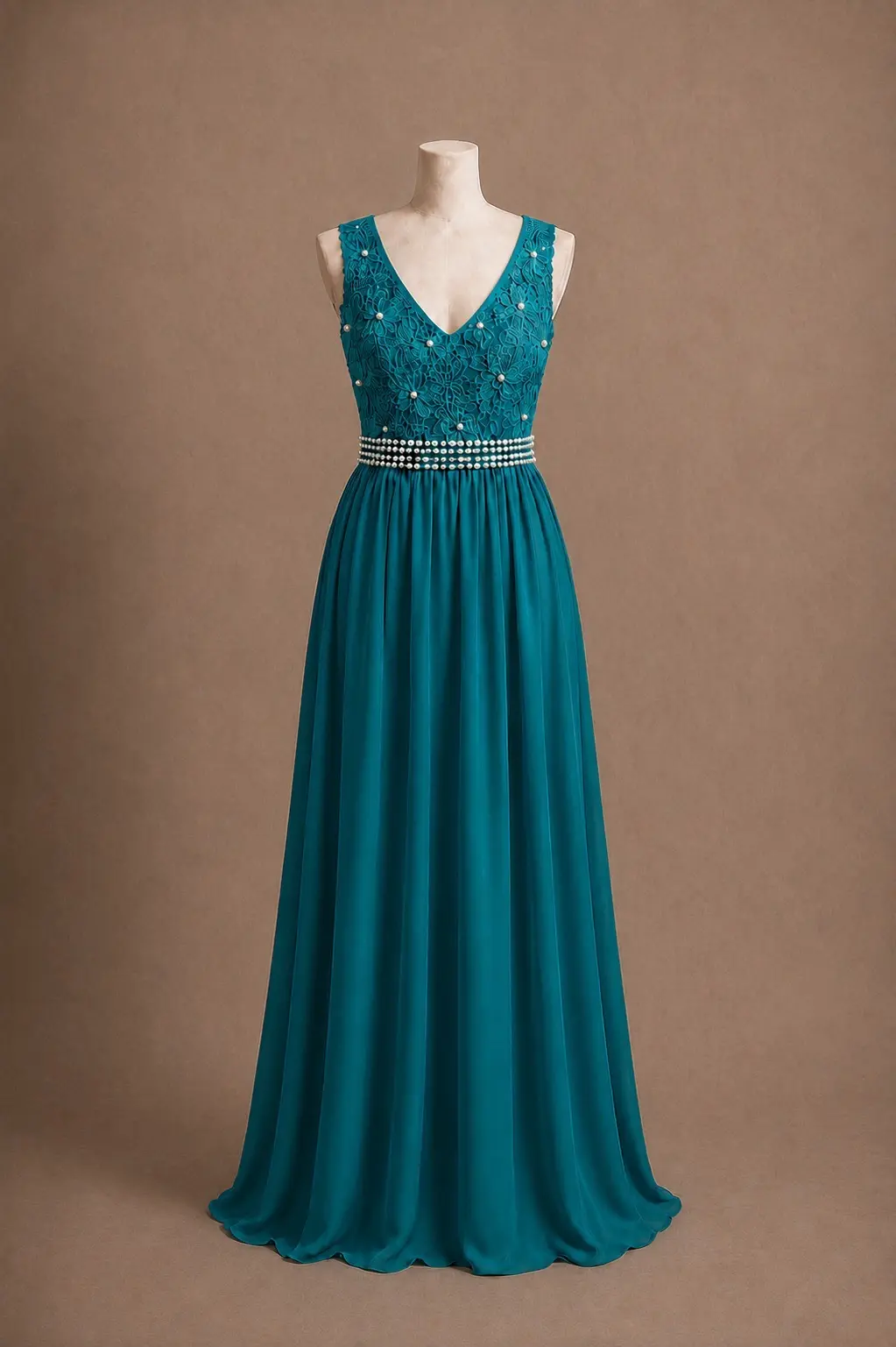 Vestido longo — Azul Petróleo com Renda e Pérolas — frente