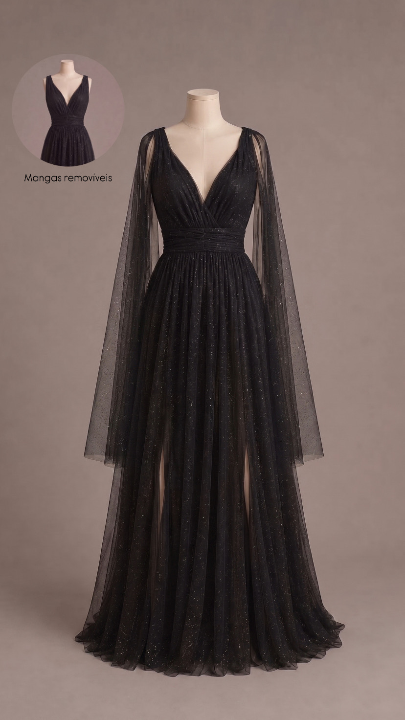 Vestido longo — Preto Brilhoso — frente