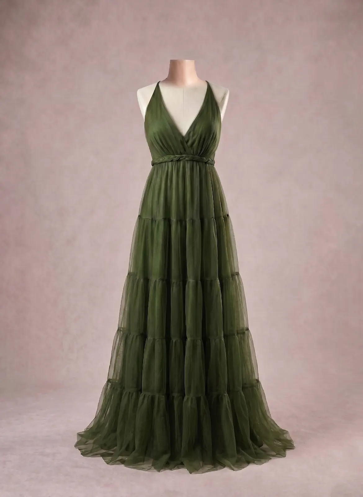 Vestido longo — Verde Oliva Tule — frente