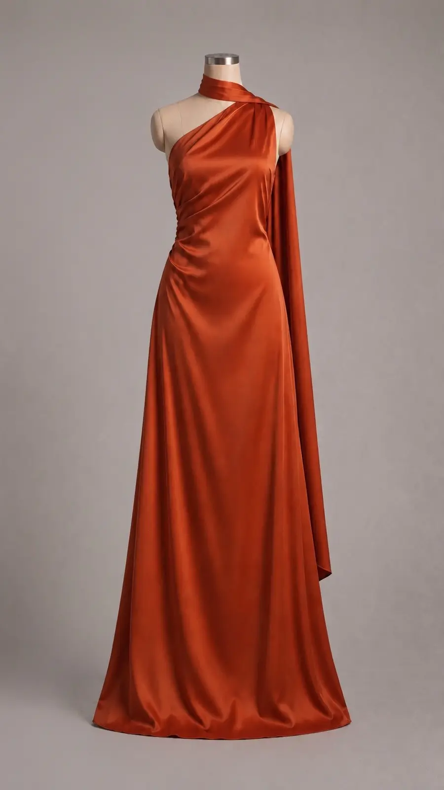 Vestido longo — Terracota de Um Ombro Só com Costas Nuas — frente