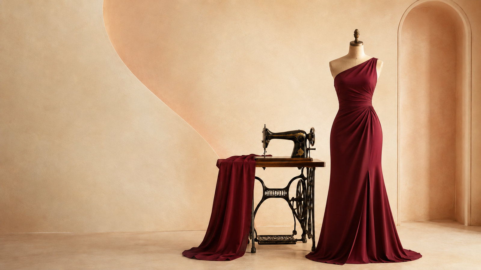 Máquina de costura e manequim com vestido marsala moderno em um ateliê elegante